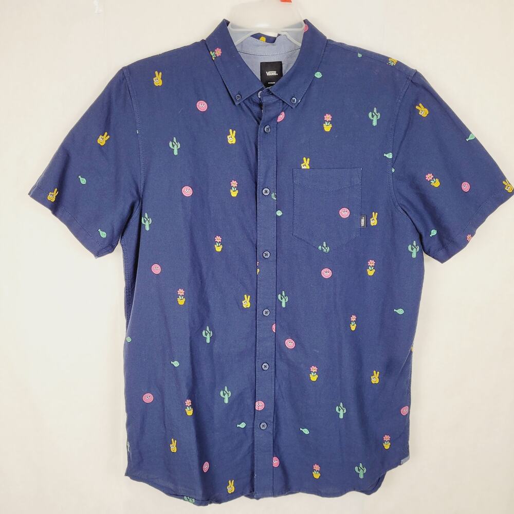 Vans dark blue peace cactus novelty print short sleeve button up shirt camp Med